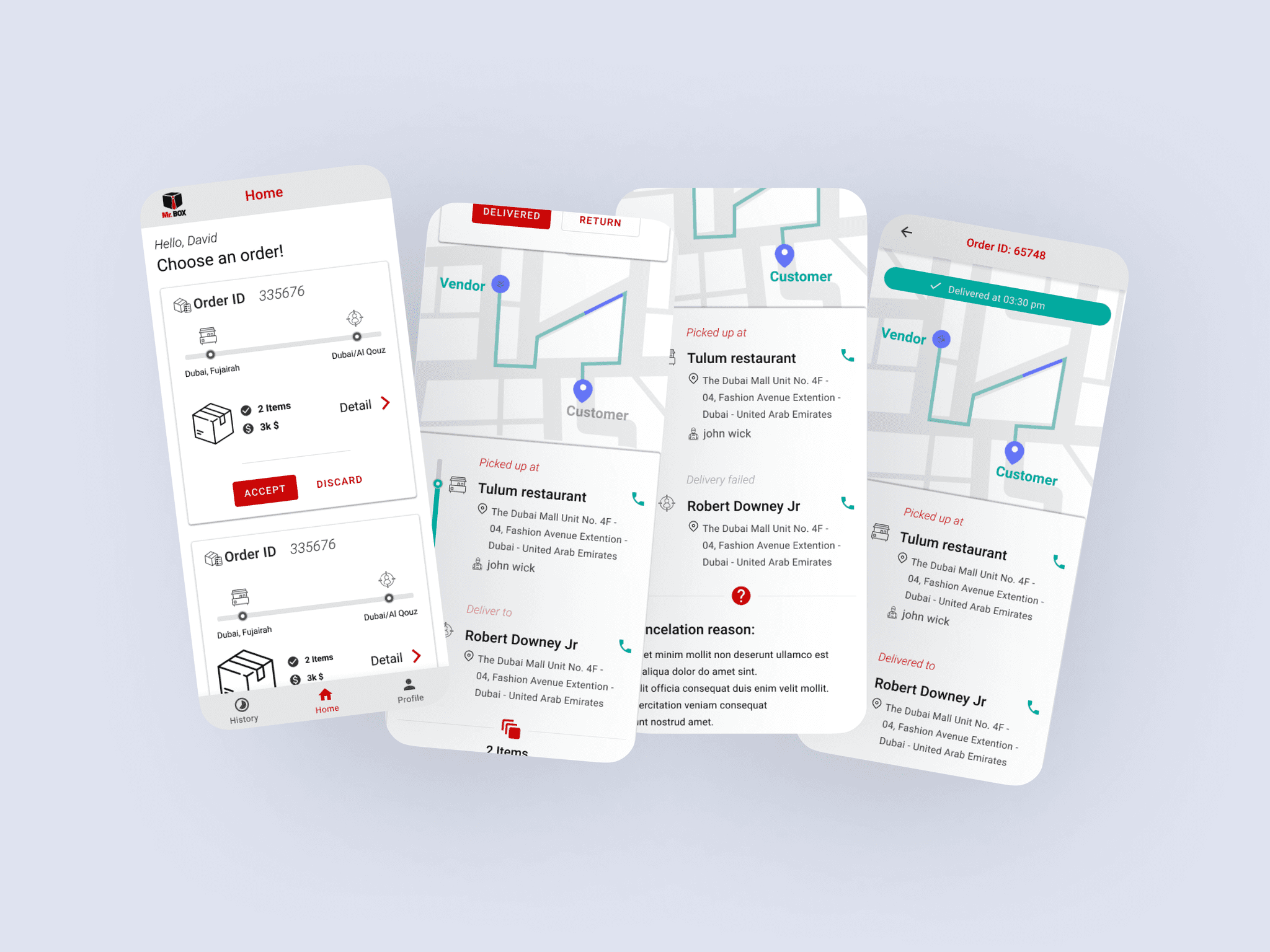 Mr. Box delivery application screens