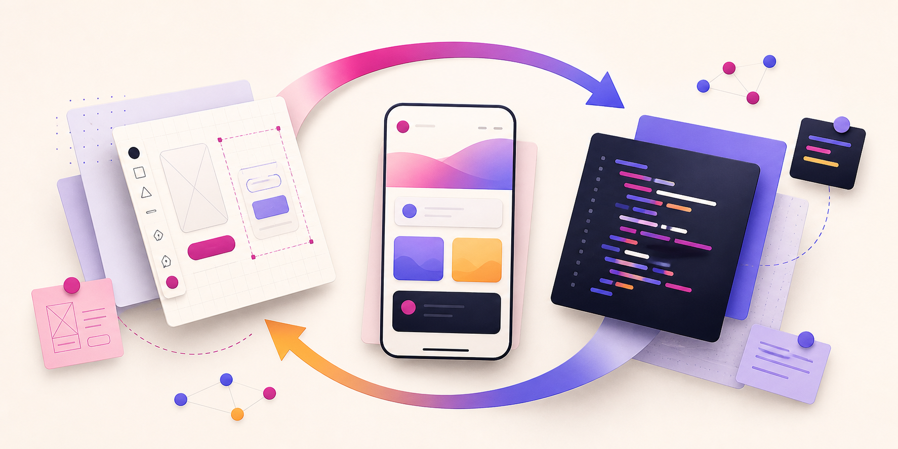 Design canvas, code, and product interface connected in a continuous loop