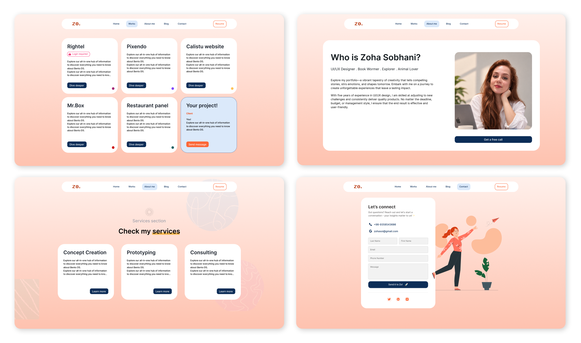 Early desktop portfolio screens designed in Figma, including projects, about, services, and contact pages