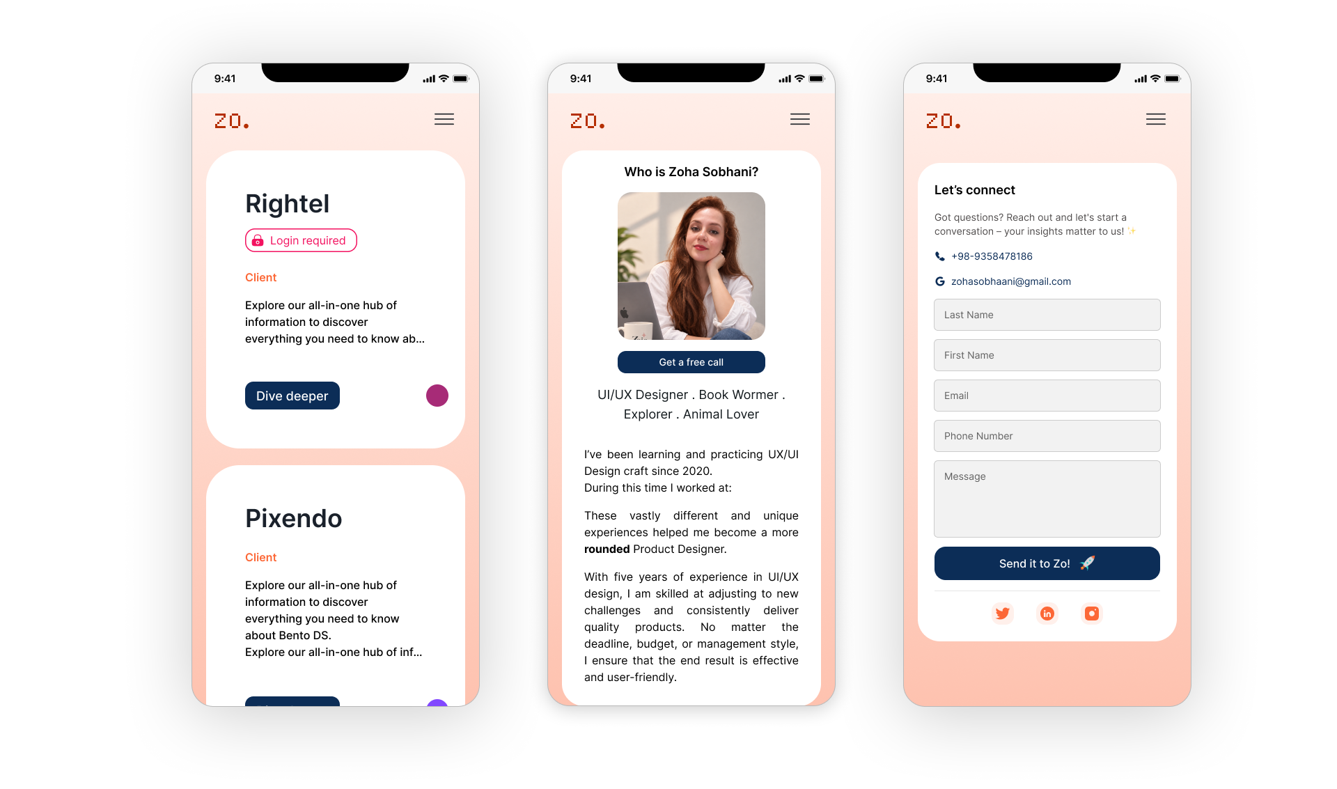 Early mobile portfolio screens designed in Figma, including projects, about, and contact pages
