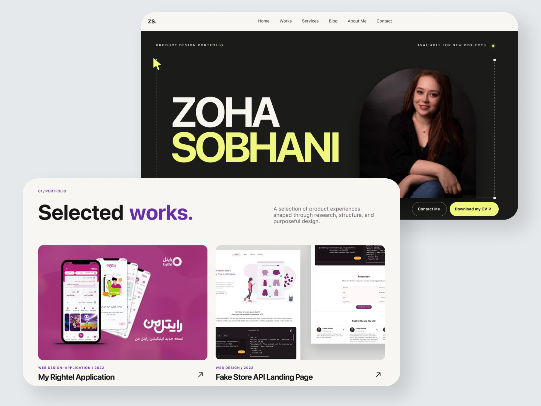 The final portfolio homepage and selected work section implemented in the live website