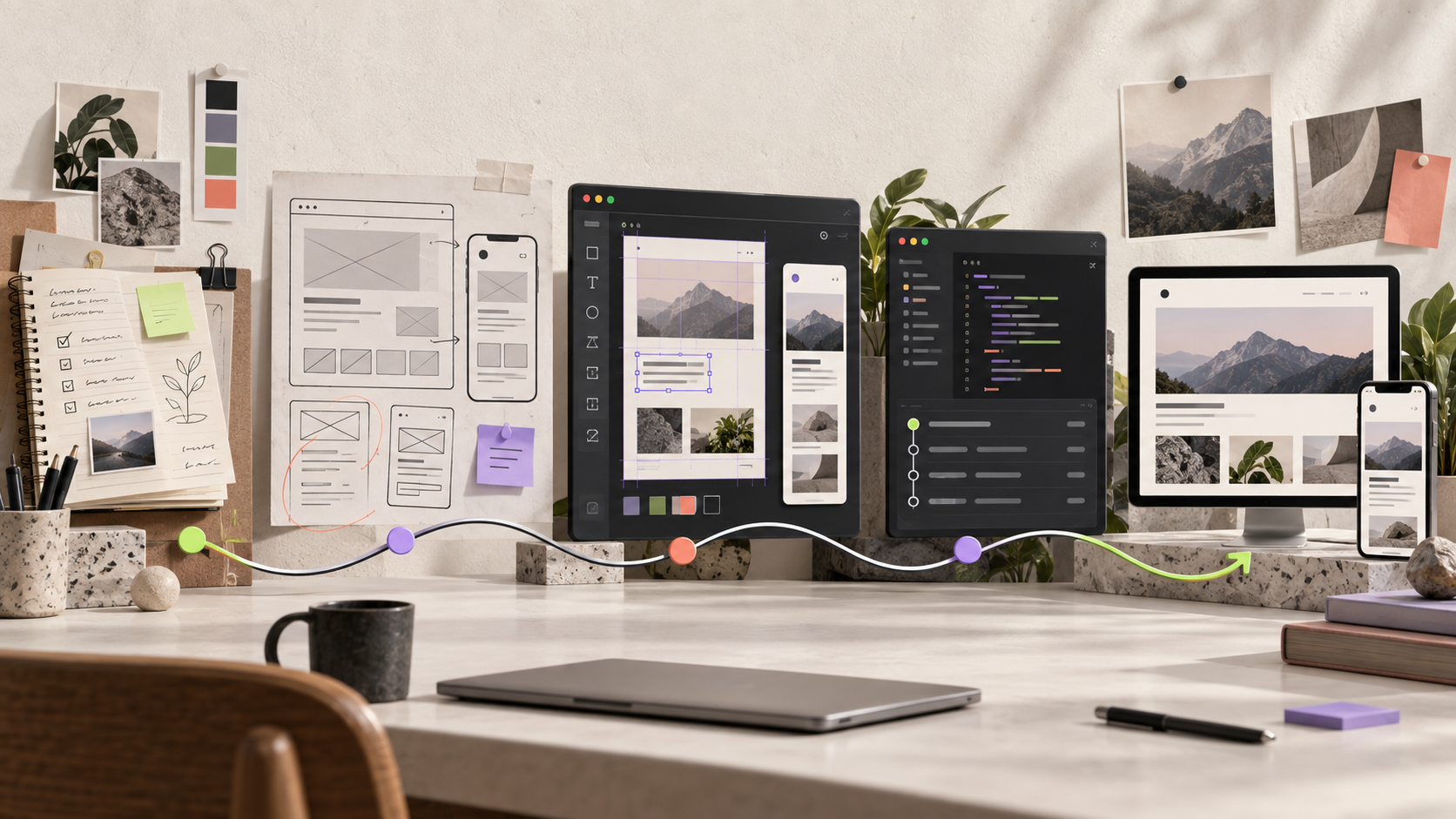 The portfolio process moving from content planning and wireframes to interface design, code, and a finished responsive website