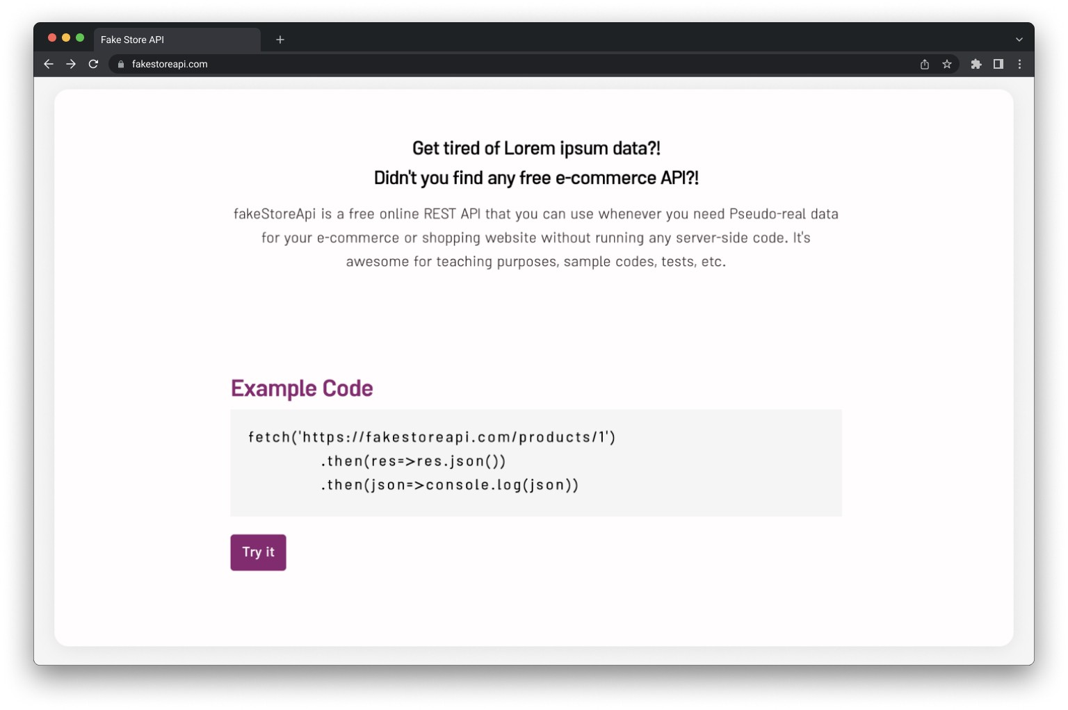 FakeStore API example code before redesign
