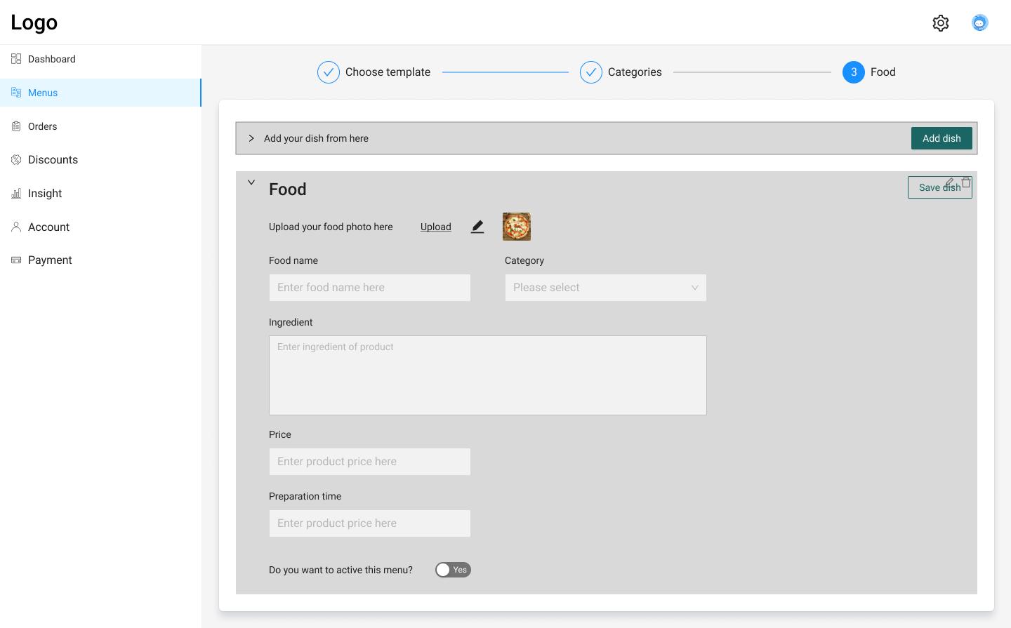 Low-fidelity food item form wireframe