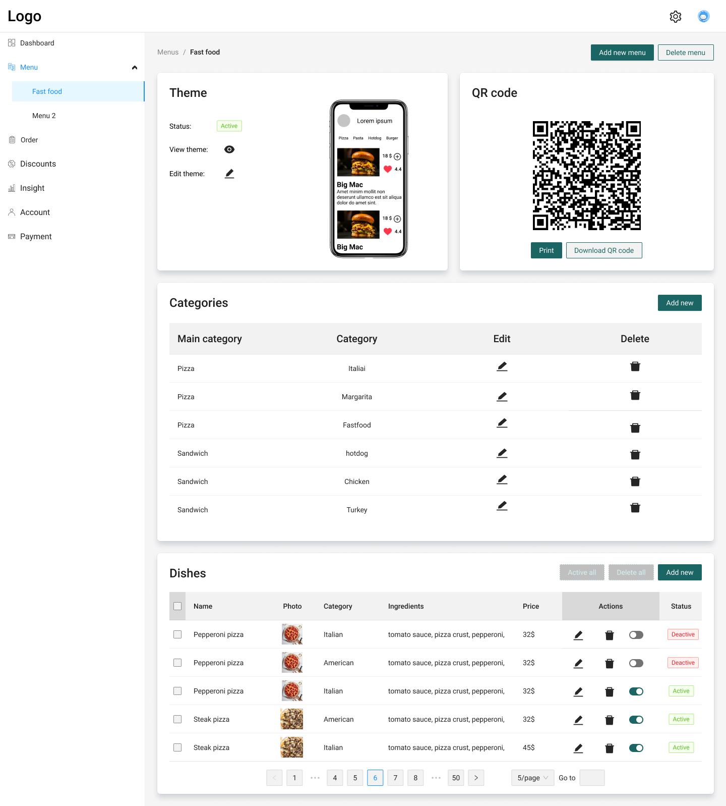 Low-fidelity restaurant settings wireframe