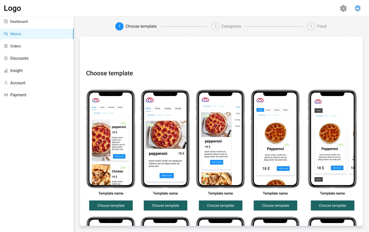 Low-fidelity responsive menu wireframe