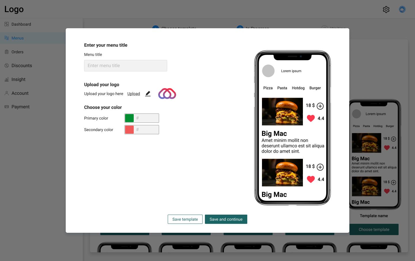 Low-fidelity restaurant dashboard wireframe