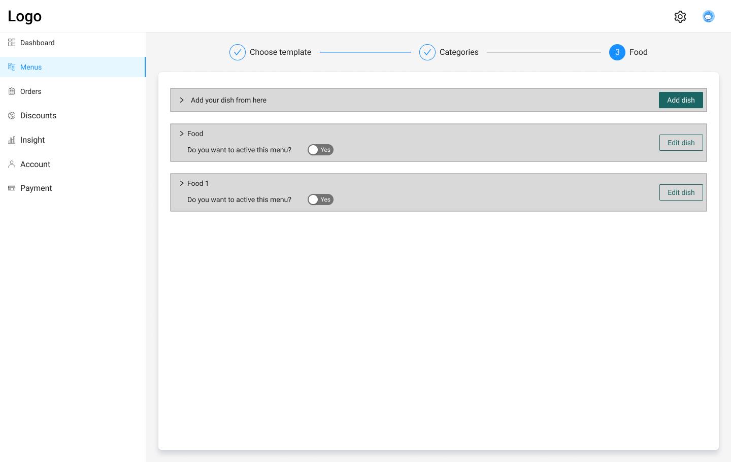 Low-fidelity table management wireframe
