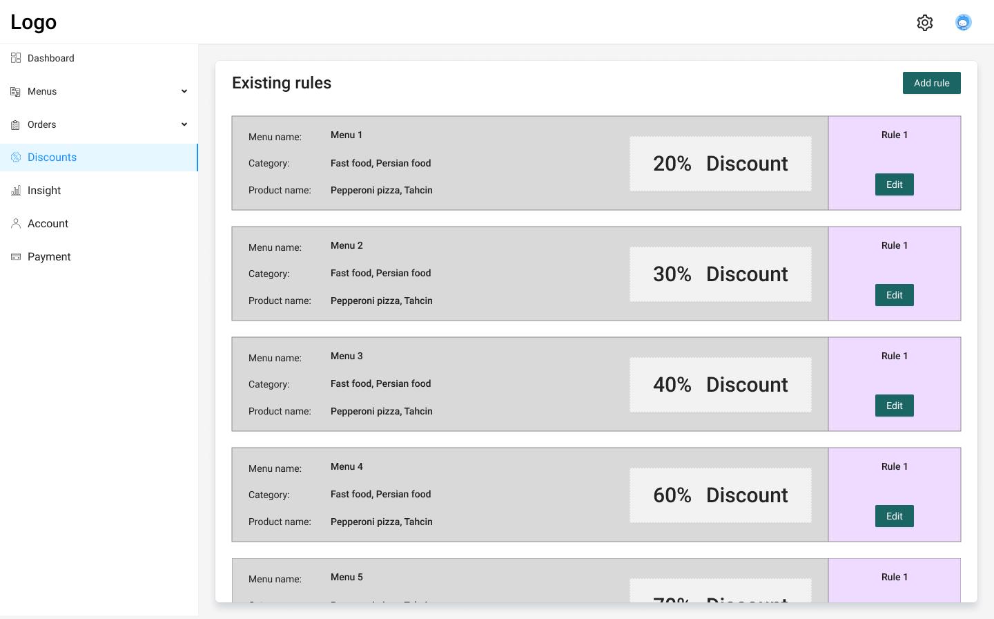 Low-fidelity restaurant ordering wireframe