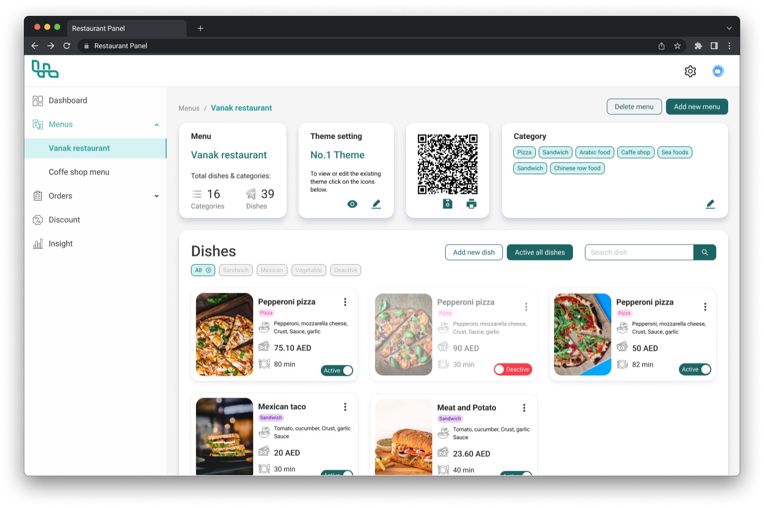 Restaurant menu management interface