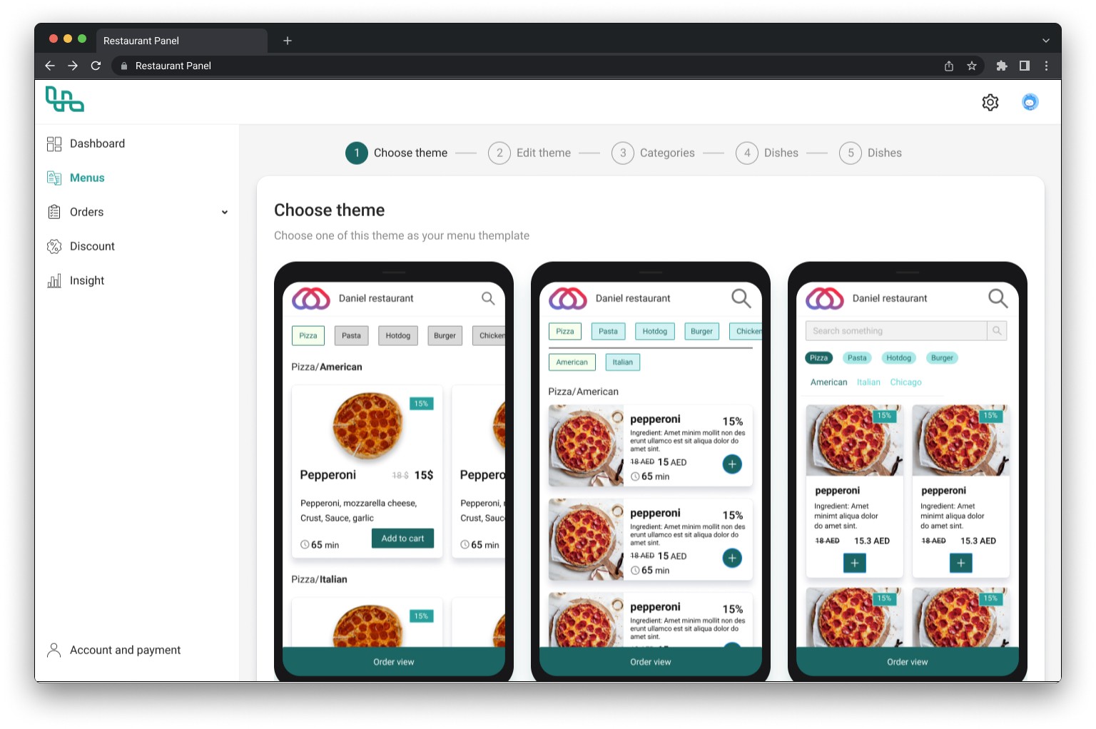 Restaurant menu item editing interface
