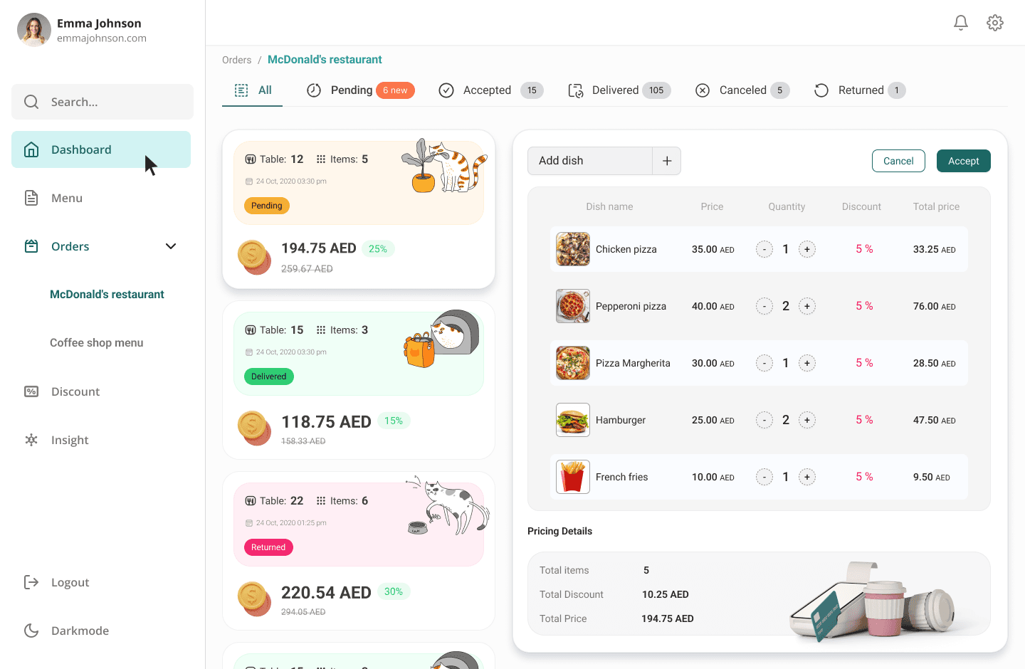 Second restaurant dashboard visual direction