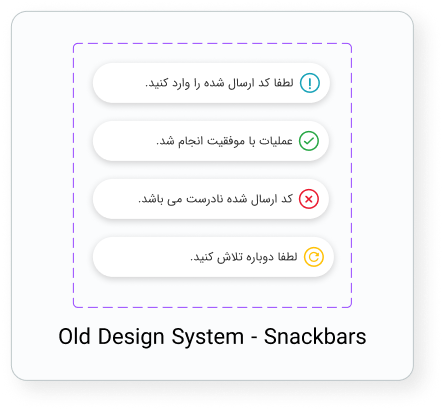 Previous Rightel snackbar designs showing four feedback messages with separate semantic icons