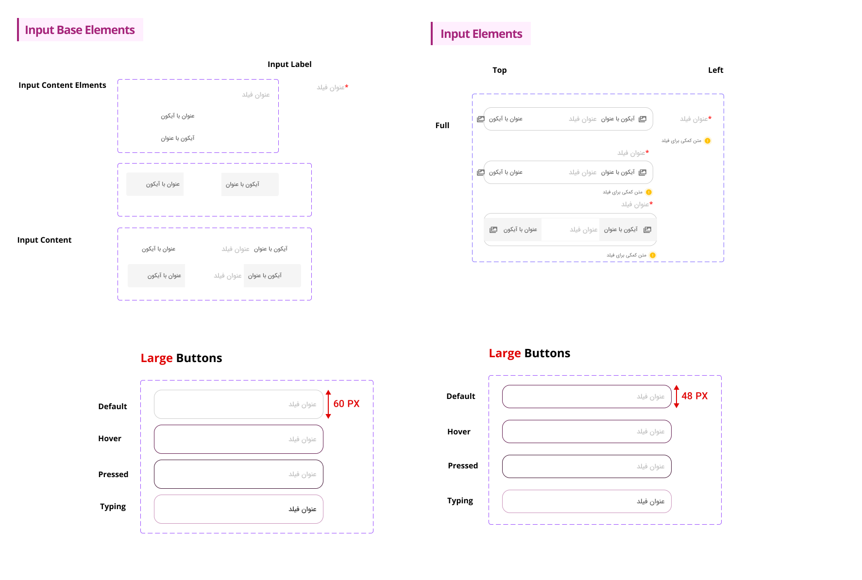 Audit of the previous Rightel design system showing large text fields implemented at conflicting 60px and 48px heights