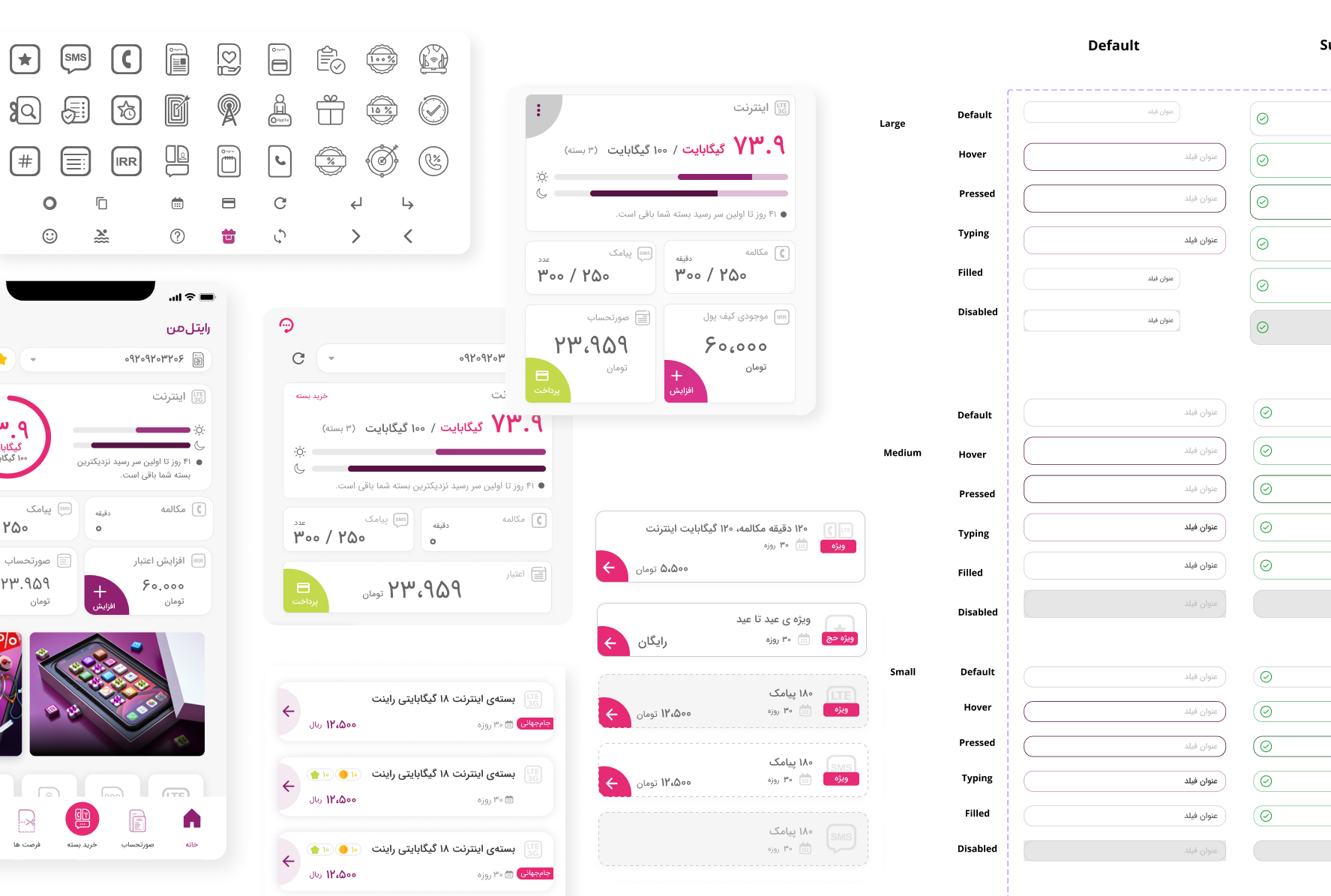 Overview of the previous Rightel design system, showing icons, product screens, cards, and text-field states